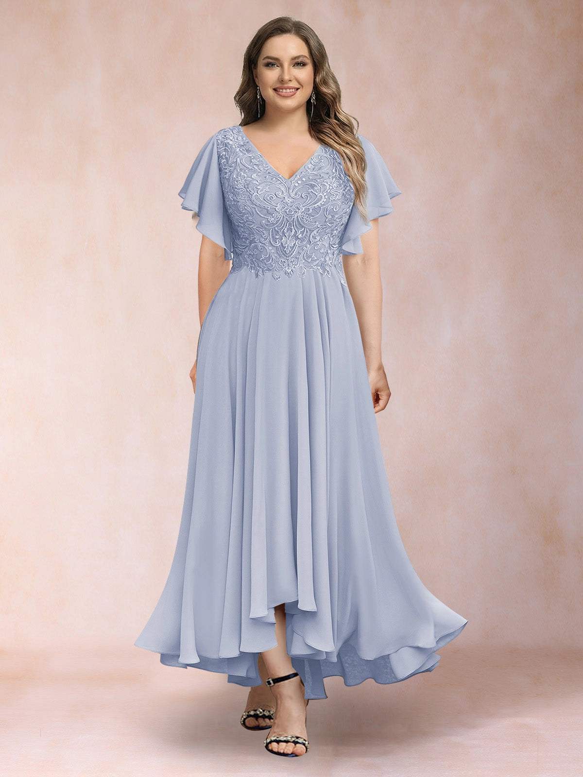Plus Size Chiffon A-Line V-Neck Flutter Sleeve Closed-Back Midi Evening Dress