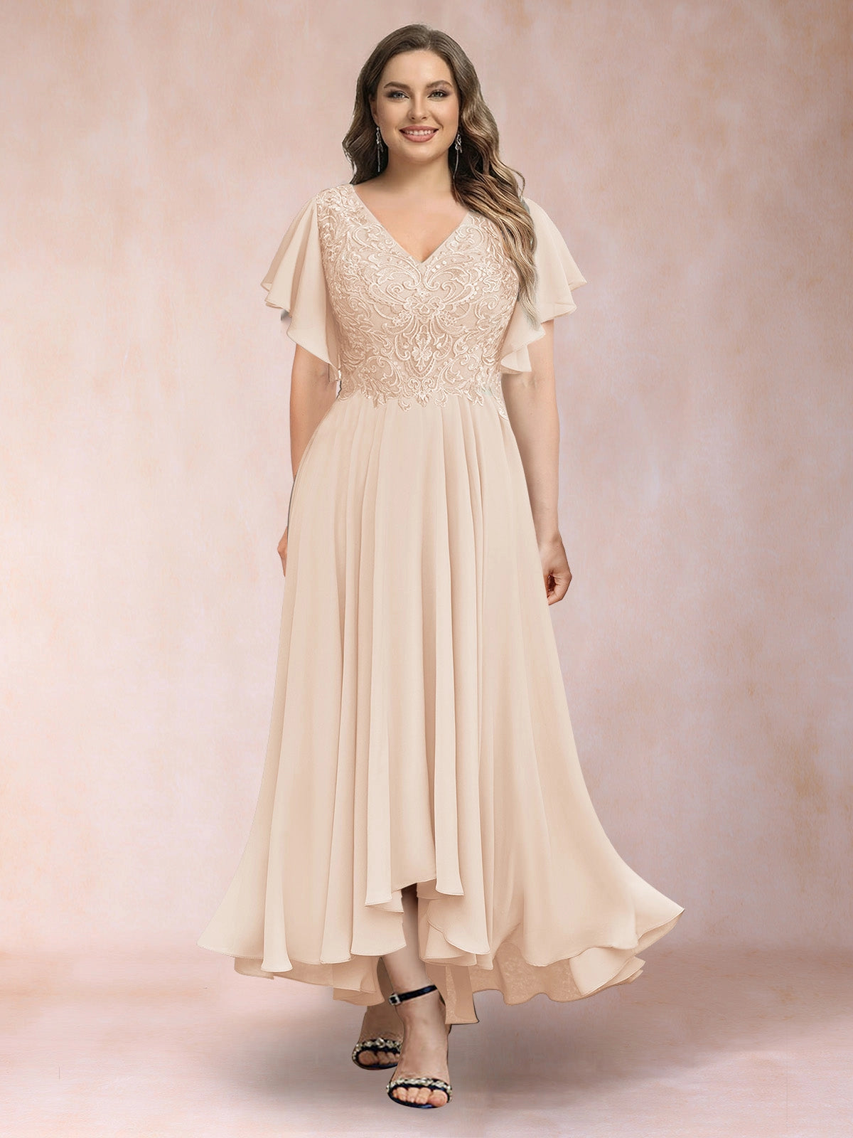 Plus Size Chiffon A-Line V-Neck Flutter Sleeve Closed-Back Midi Evening Dress