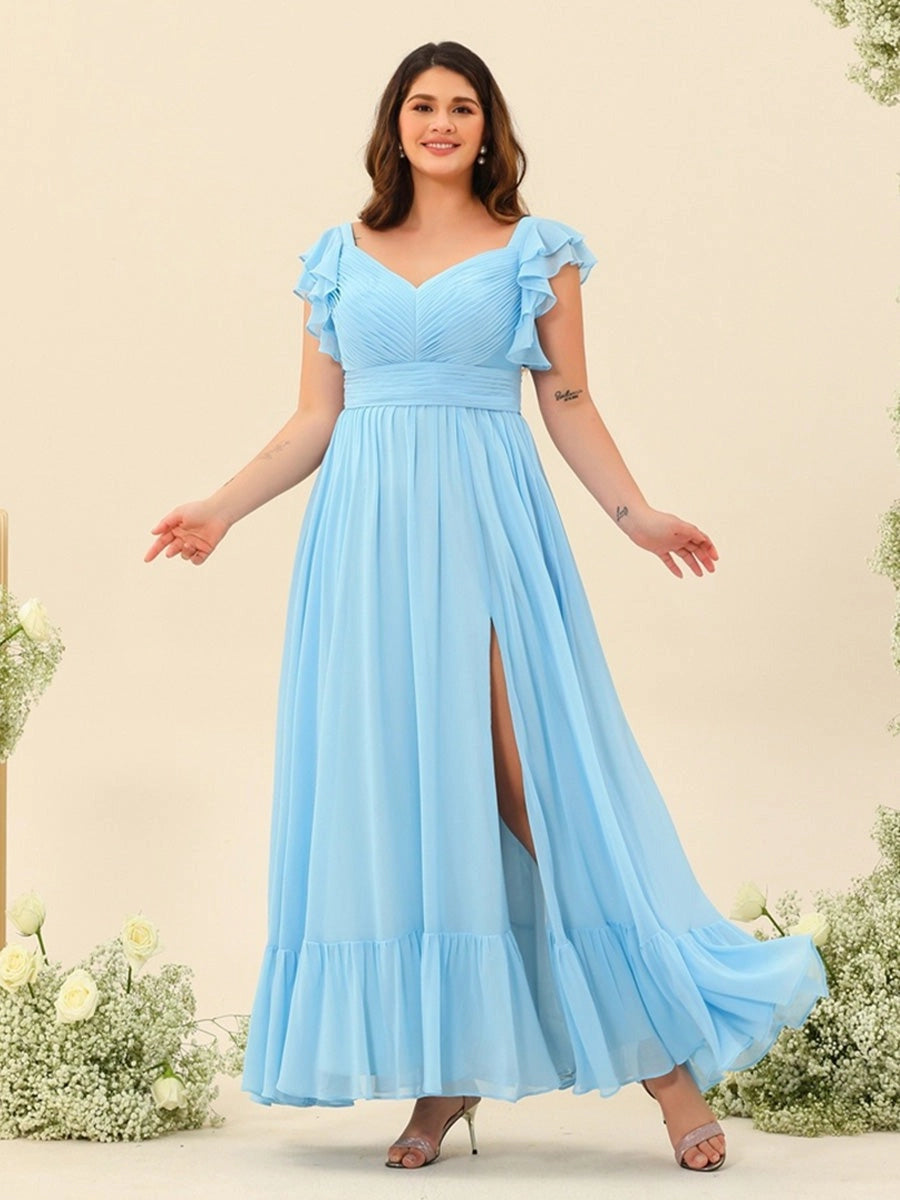 Loverlm light blue plus size chiffon V-neck ruffle sleeve slit evening dress front view