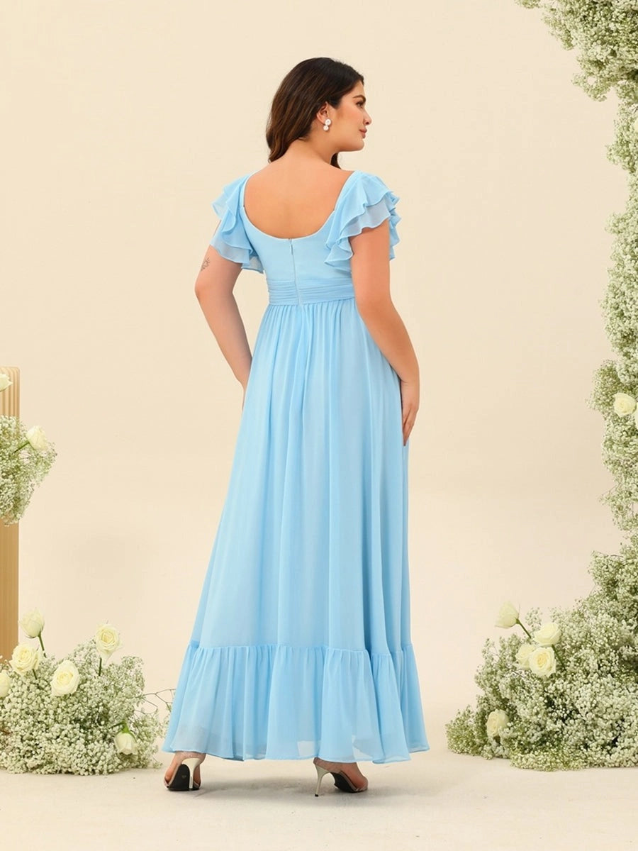 Elegant Plus Size Chiffon A-Line V-Neck Ruffle-Sleeve Scoop-Back Slit Floor-Length Evening Dress
