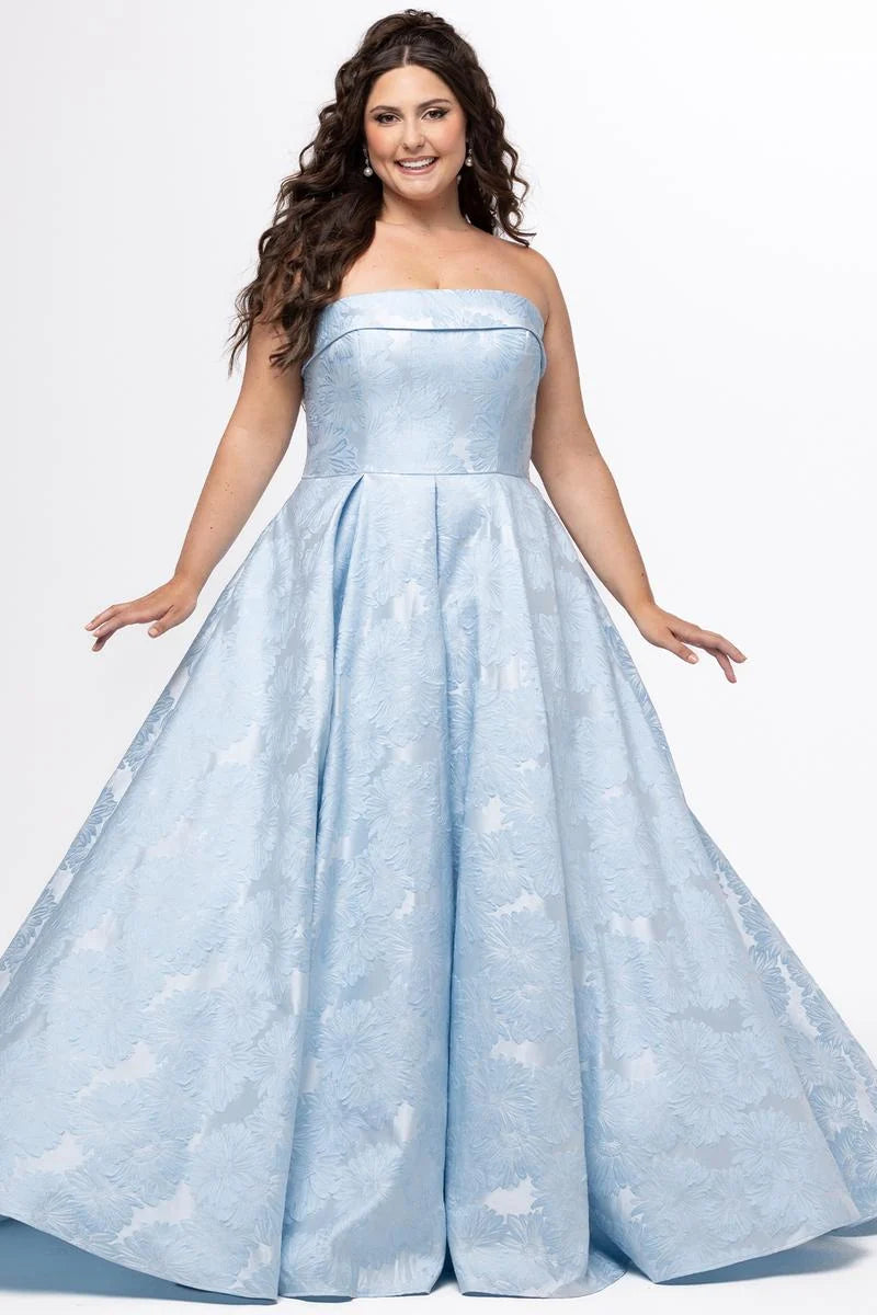 Plus size light blue floral jacquard A-line prom dress with strapless straight neckline, folded bodice, defined waist, and full floor-length pleated skirt