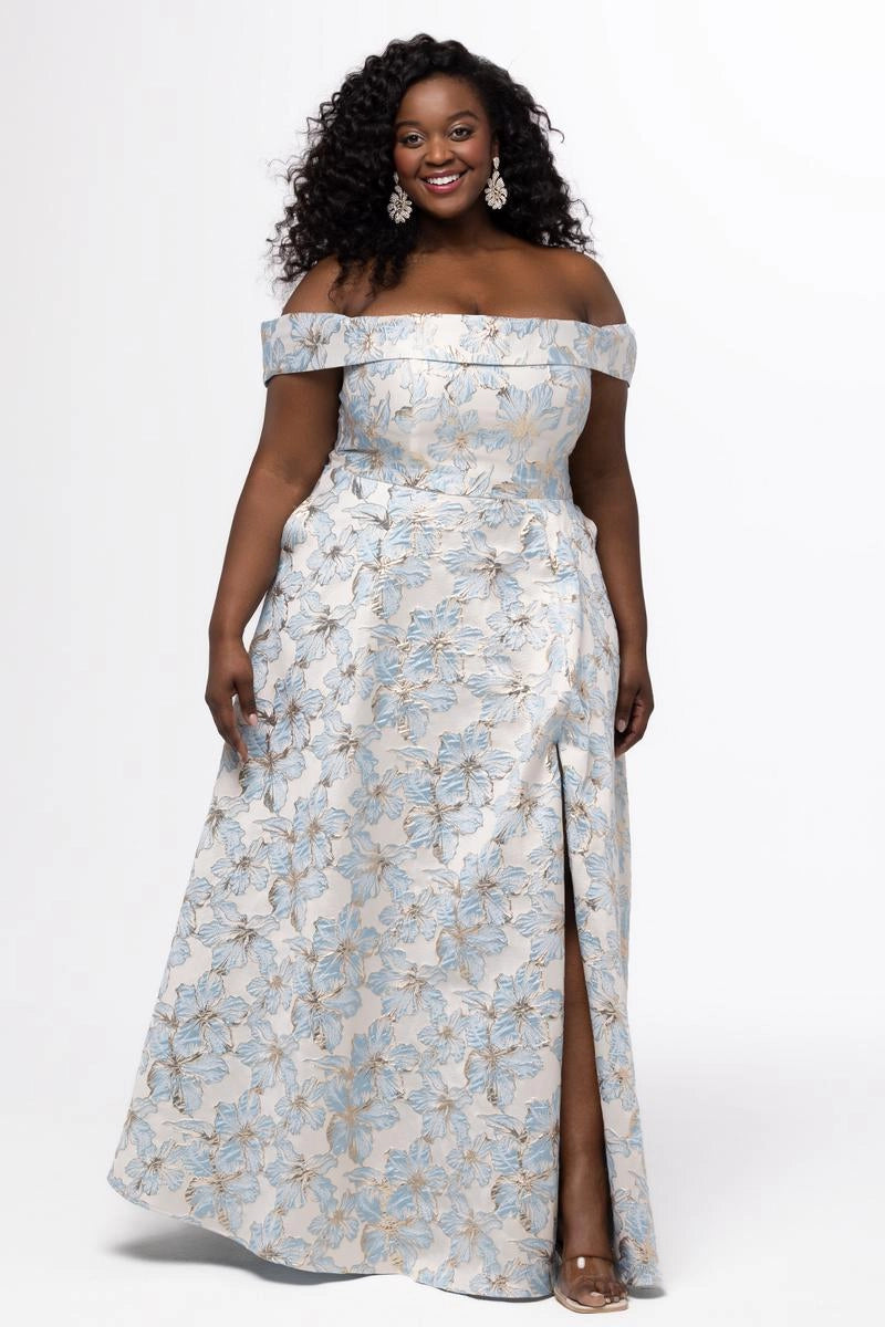 Plus size light blue and ivory floral jacquard A-line prom dress with off-shoulder neckline, gold floral accents, fitted bodice, front slit, and floor-length skirt