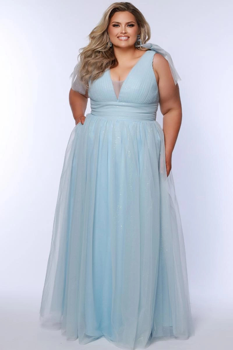 Plus size light blue glitter tulle A-line prom dress with plunging V-neckline, sheer shoulder bows, pleated bodice, ruched waist, and floor-length sweep train