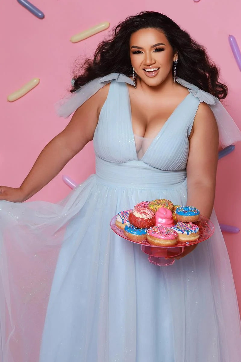 Romantic Plus Size A Line V Neck Sleeveless Glitter Tulle Prom Dress