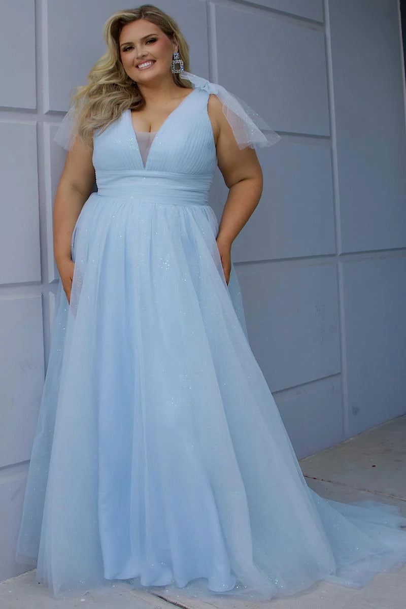 Romantic Plus Size A Line V Neck Sleeveless Glitter Tulle Prom Dress