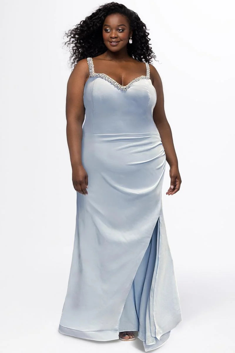 Plus size light blue satin mermaid prom dress with rhinestone sweetheart neckline, embellished shoulder straps, ruched waist, and front slit