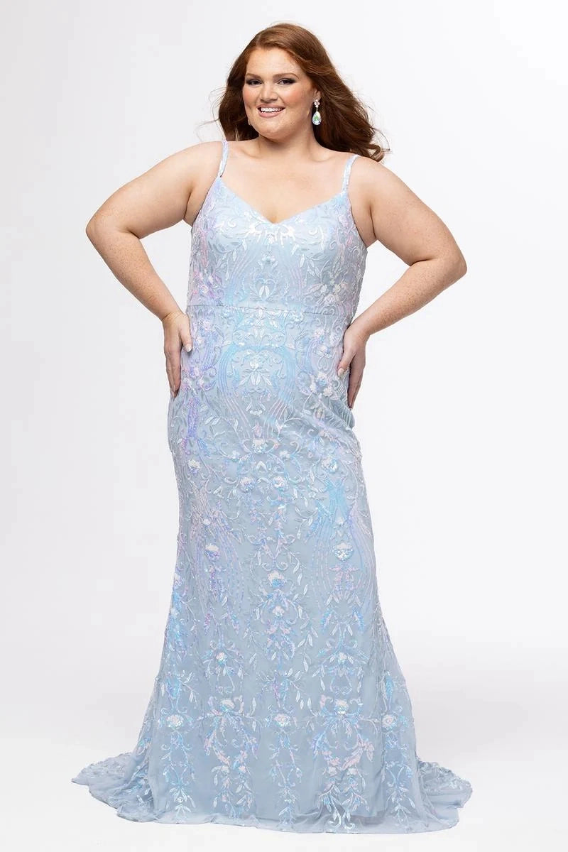 Elegant Plus Size Mermaid V Neck Sleeveless Sequin Floor Length Prom Dress