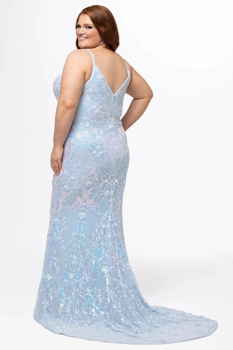 Elegant Plus Size Mermaid V Neck Sleeveless Sequin Floor Length Prom Dress