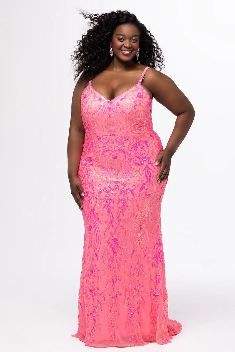 Elegant Plus Size Mermaid V Neck Sleeveless Sequin Floor Length Prom Dress