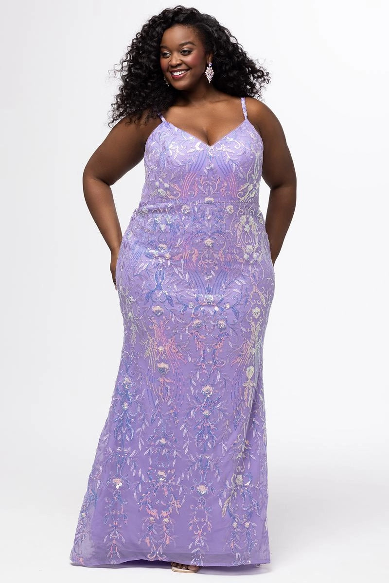 Elegant Plus Size Mermaid V Neck Sleeveless Sequin Floor Length Prom Dress