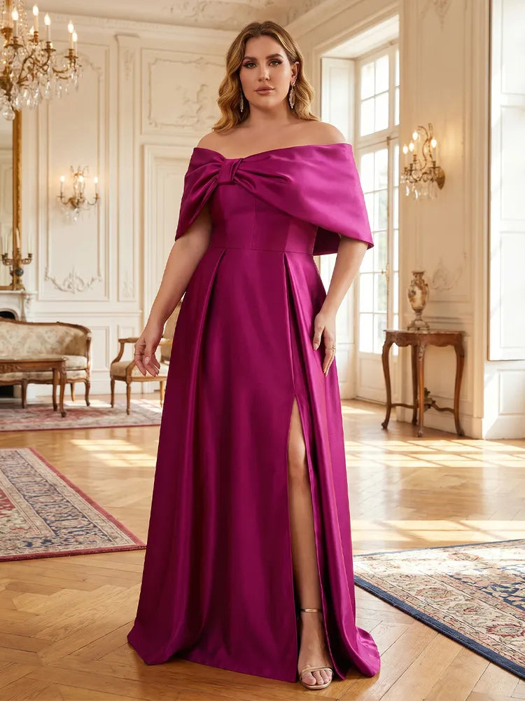 Loverlm plus size magenta Mother of the Bride dress with off-shoulder draped collar satin A-line skirt and front slit