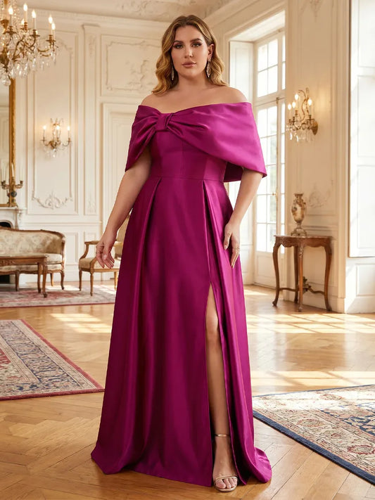 Loverlm plus size magenta Mother of the Bride dress with off-shoulder draped collar satin A-line skirt and front slit