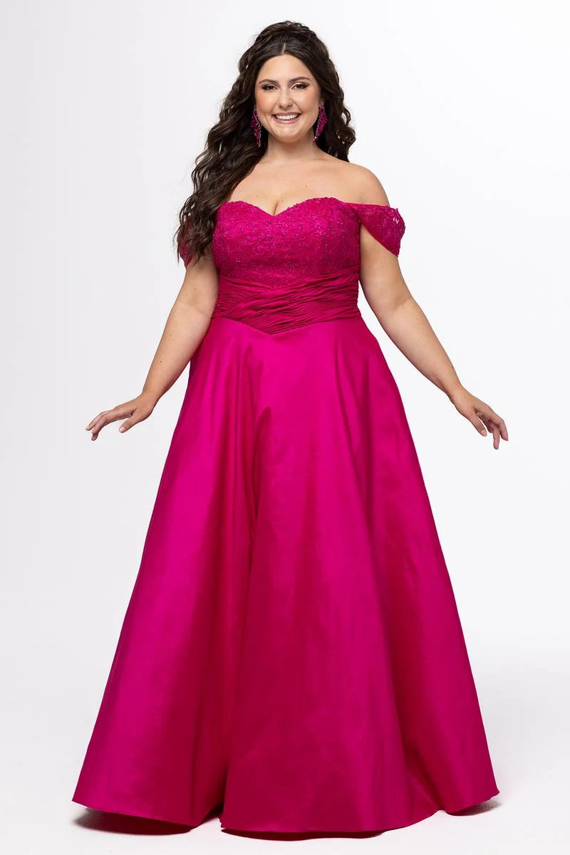 Plus size magenta satin A-line prom dress with sweetheart neckline, off-shoulder lace sleeves, floral embroidered bodice, ruched waist, and floor-length skirt