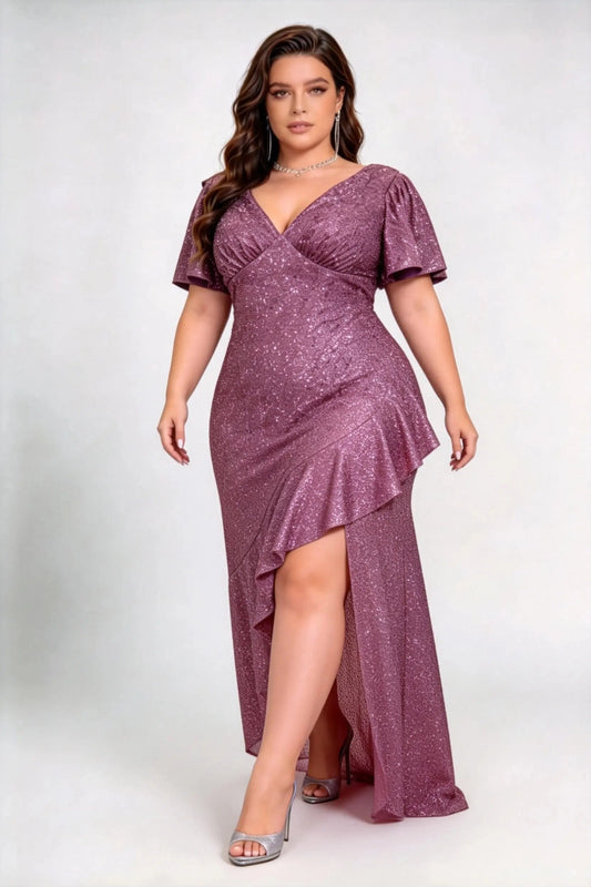 Glamorous A-Line V-Neck Flutter Sleeve V-Back High-Low Plus Size Evening Dress