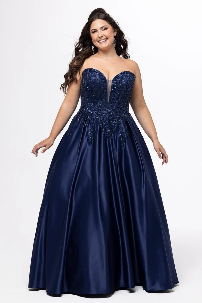Plus size midnight navy blue satin A-line prom dress with plunging sweetheart neckline, strapless sequin corset bodice, and full floor-length skirt