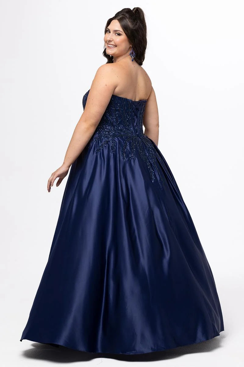 Elegant Plus Size A Line Plunging Strapless Satin Floor Length Prom Dress