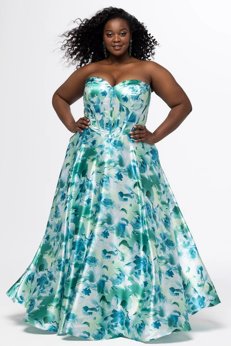 Plus size mint green floral satin A-line prom dress with strapless sweetheart neckline, structured corset bodice, blue floral print, and flowing floor-length skirt
