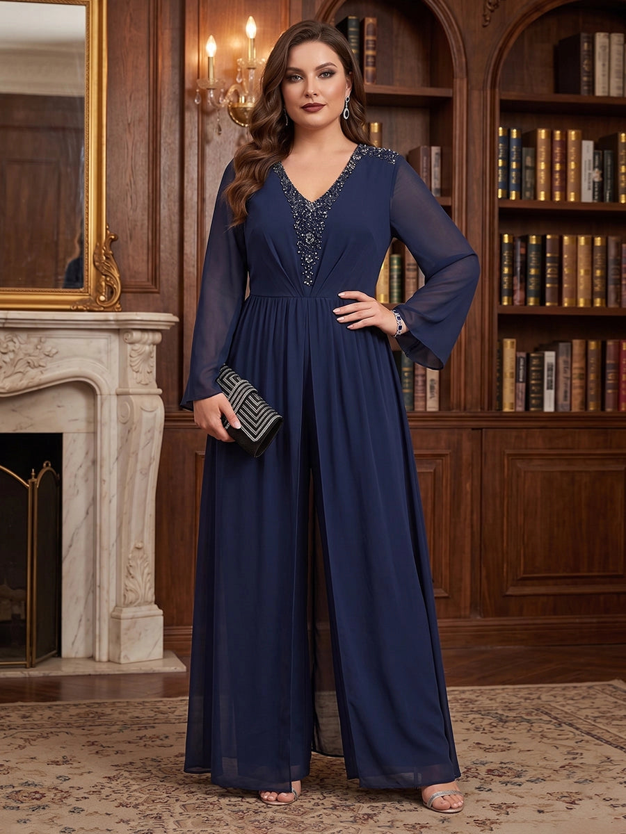 Front view of Loverlm navy blue plus size V-neck beaded chiffon wide-leg evening dress
