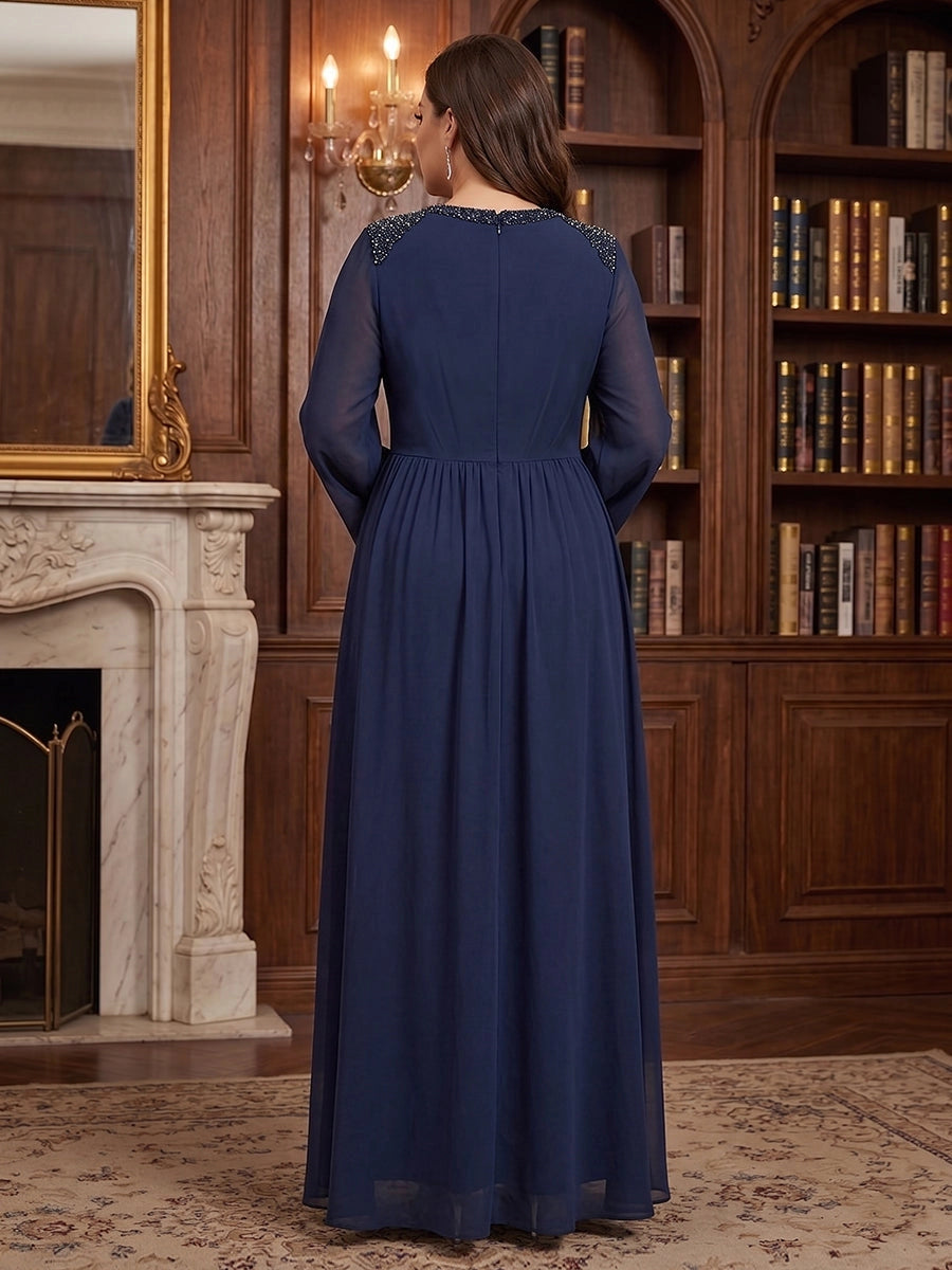 Elegant Plus Size Wide-Leg V-Neck Long-Sleeve Beaded Chiffon Evening Dress