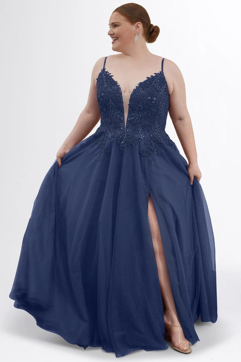 Plus size navy blue tulle A-line prom dress with plunging V-neckline, spaghetti straps, floral lace appliques, sheer illusion bodice, and front slit