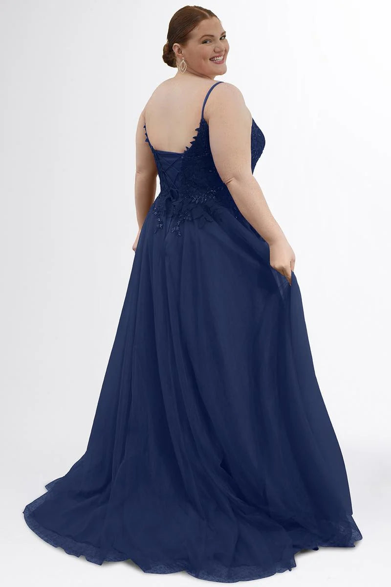 Elegant Plus Size A Line Plunging V Neck Sleeveless Tulle Prom Dress