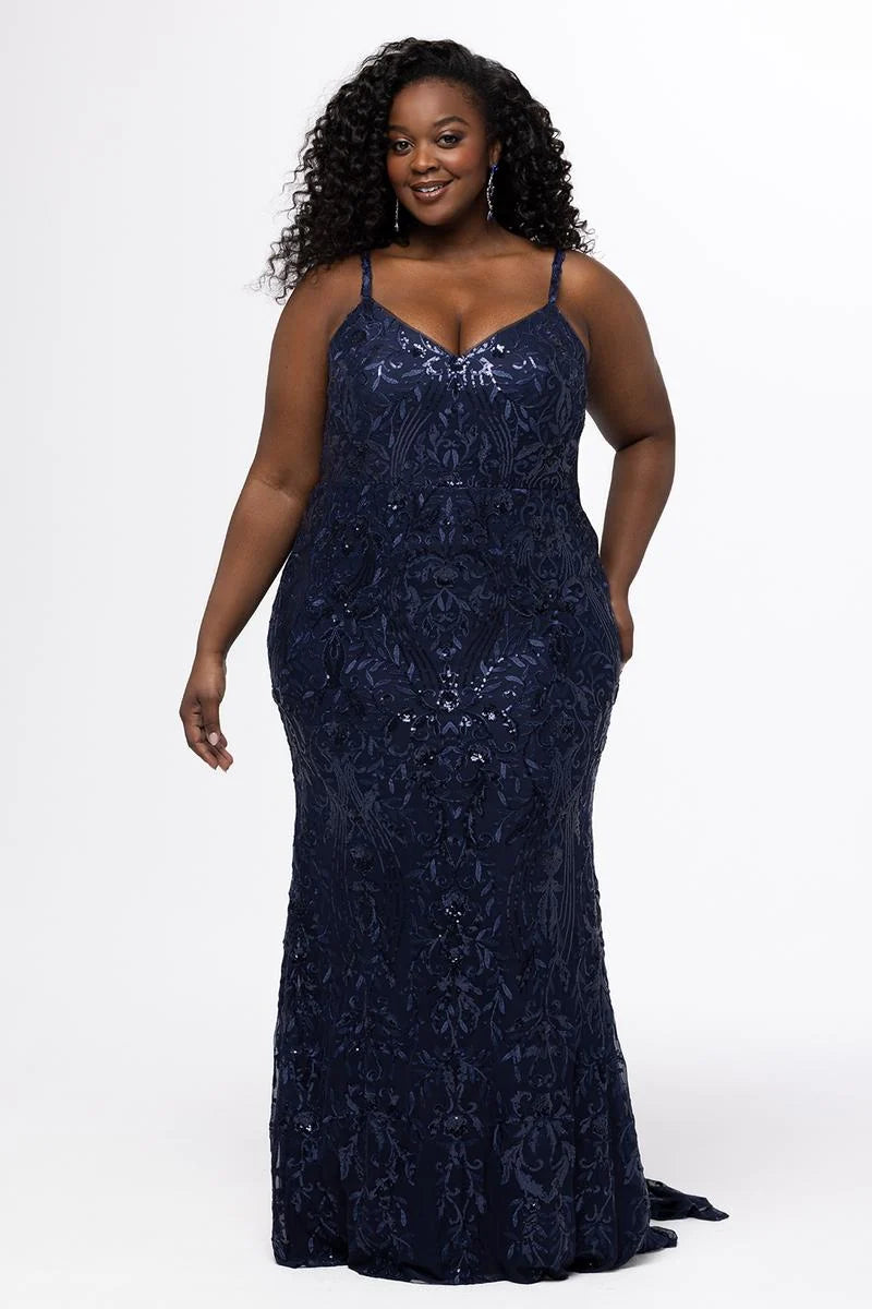 Plus size navy blue sequin mermaid prom dress with V-neckline, spaghetti straps, allover floral embroidery, fitted silhouette, and floor-length sweep train
