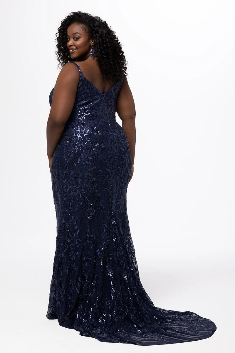Elegant Plus Size Mermaid V Neck Sleeveless Sequin Floor Length Prom Dress