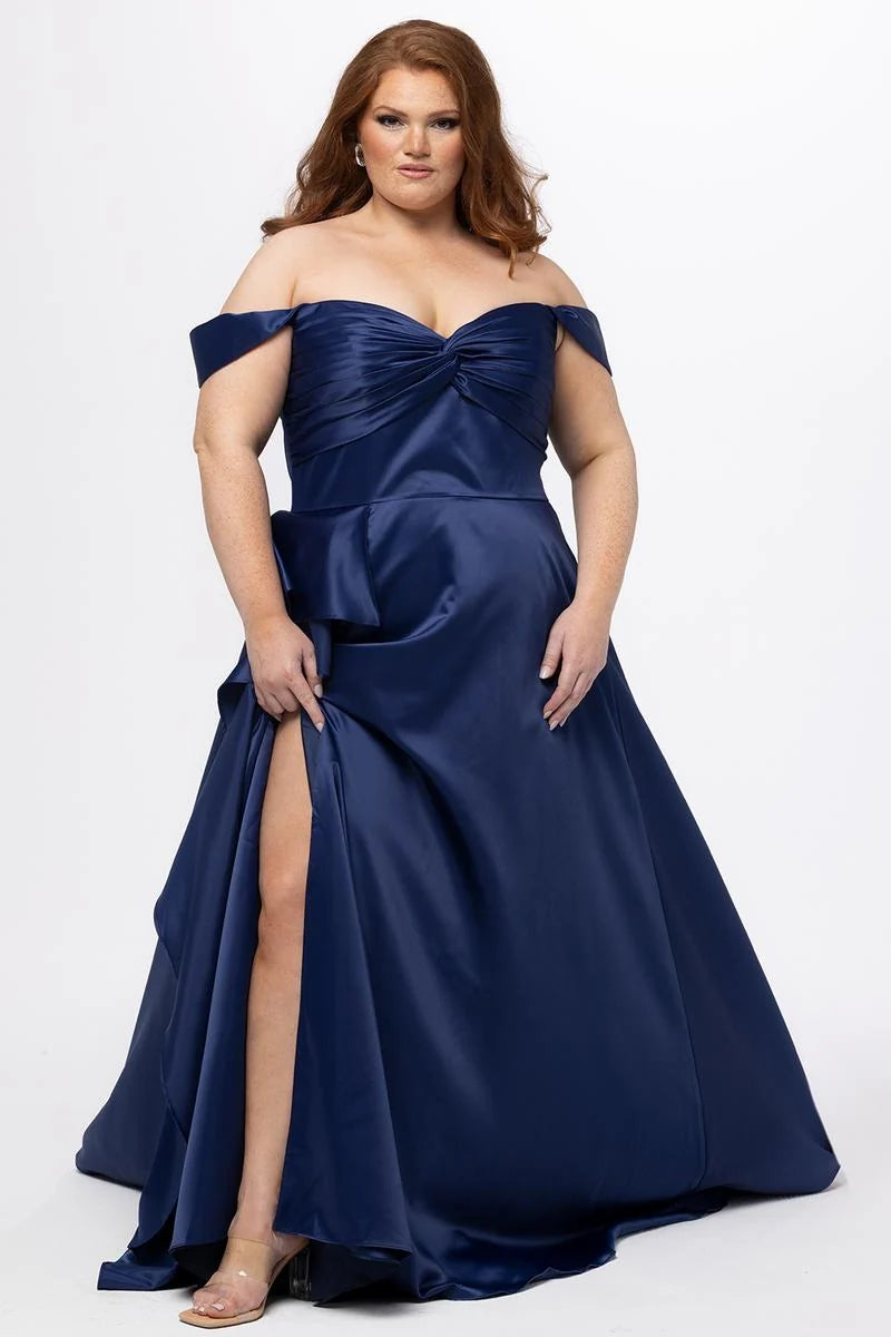 Plus size navy blue satin A-line prom dress with off-shoulder sweetheart neckline, ruched twist bodice, lace-up corset back, thigh-high slit, and floor-length skirt