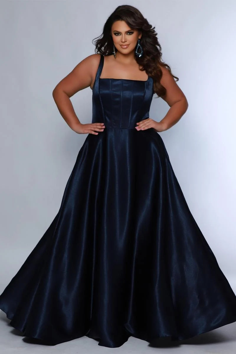 Plus size navy blue satin A-line prom dress with square neckline, wide shoulder straps, structured corset bodice, defined waist, and full floor-length skirt