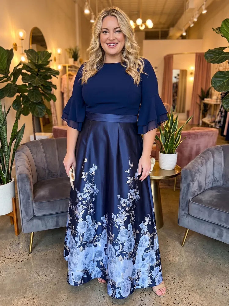 Loverlm plus size navy Mother of the Bride dress with jewel neckline flare sleeves satin waist and blue floral floor-length A-line skirt
