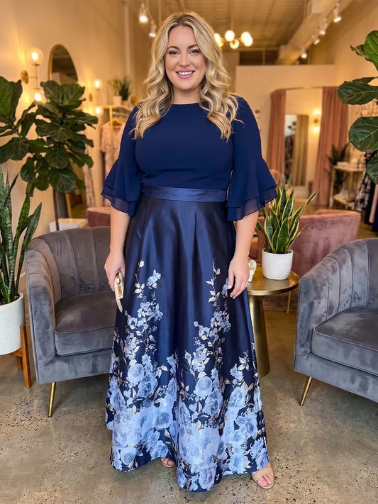 Loverlm plus size navy Mother of the Bride dress with jewel neckline flare sleeves satin waist and blue floral floor-length A-line skirt