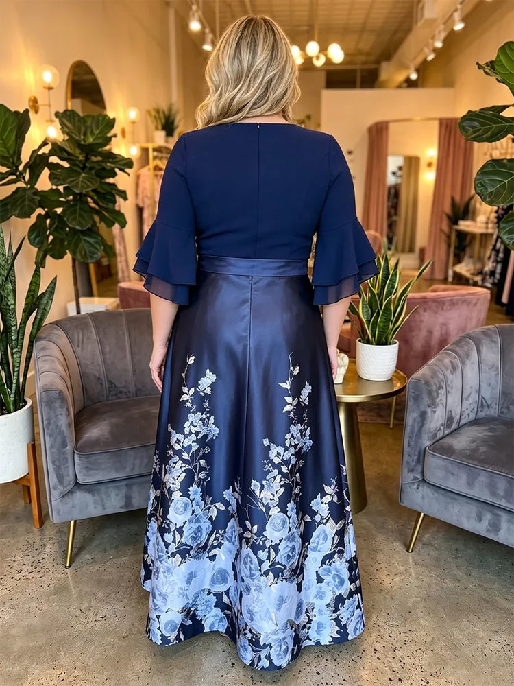 Elegant Plus Size A-Line Jewel-Neck Flare-Sleeve Floral Mother of the Bride Dress