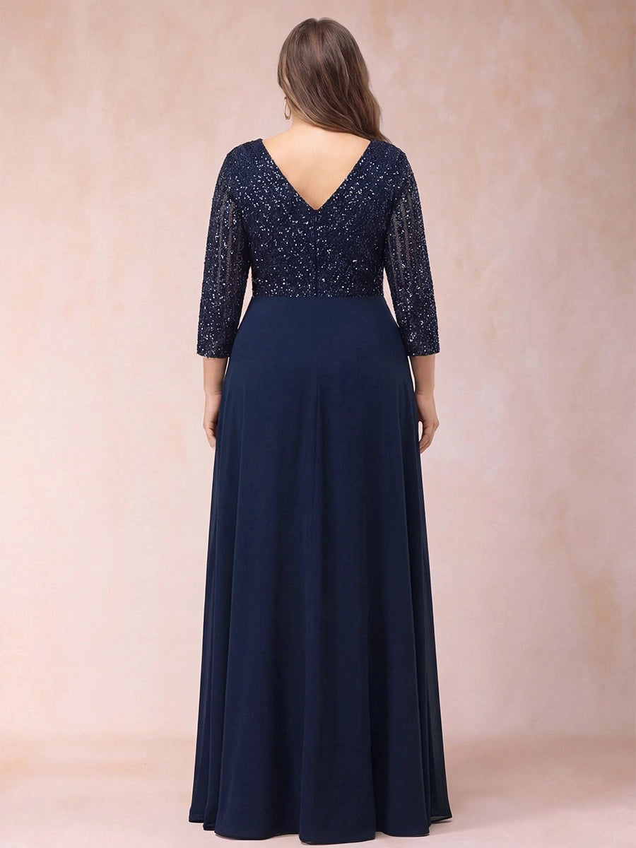 Elegant Plus Size Sequin Chiffon A-Line V-Neck Three-Quarter-Sleeve V-Back Floor-Length Evening Dress