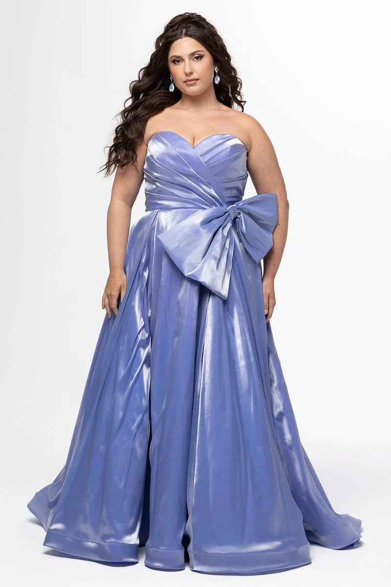 Plus size periwinkle blue satin A-line prom dress featuring a strapless sweetheart neckline, ruched bodice, oversized side bow, and floor-length skirt