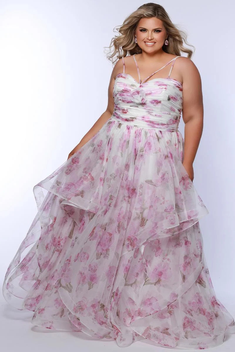 Plus size ivory pink floral tulle A-line prom dress with ruched sweetheart neckline, spaghetti straps, rosette detail, and tiered floor-length skirt