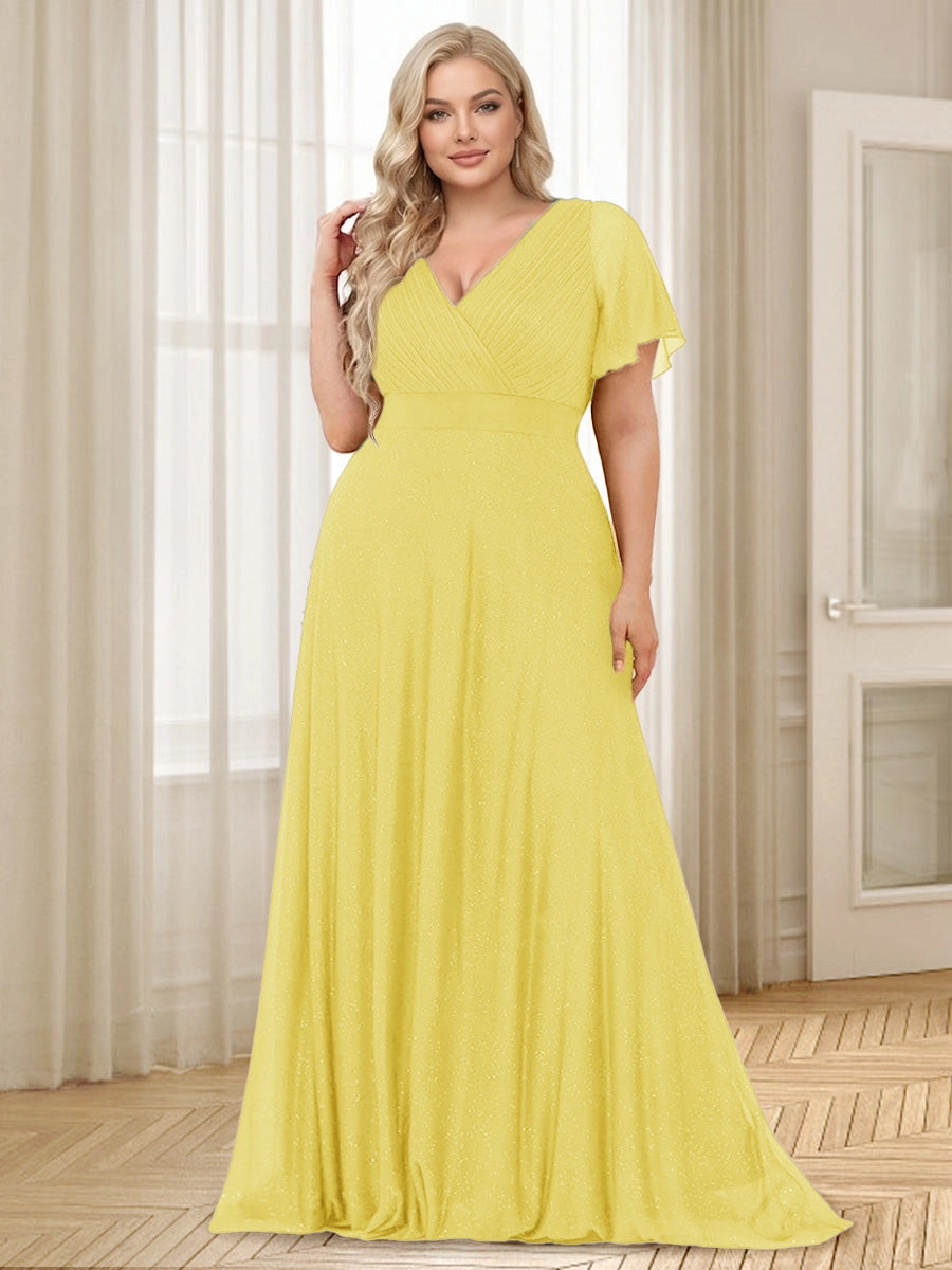 Elegant Plus Size Glitter Tulle A-Line V-Neck Flutter-Sleeve V-Back Floor-Length Evening Dress