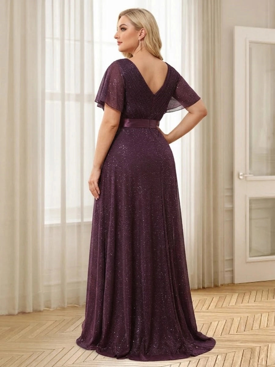Elegant Plus Size Glitter Tulle A-Line V-Neck Flutter-Sleeve V-Back Floor-Length Evening Dress