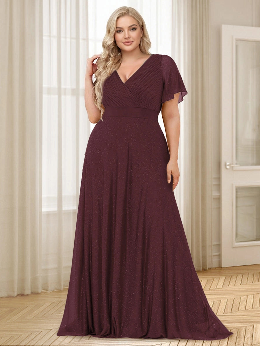 Elegant Plus Size Glitter Tulle A-Line V-Neck Flutter-Sleeve V-Back Floor-Length Evening Dress