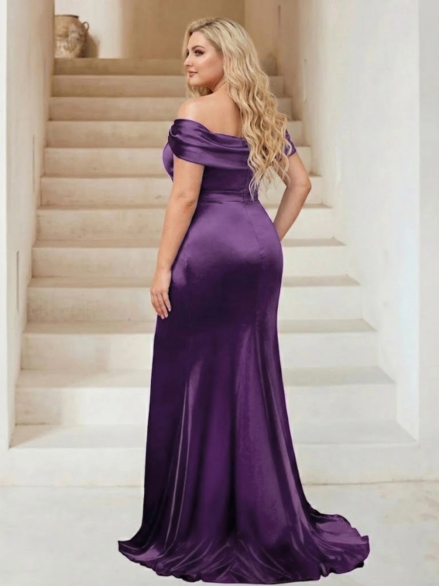 Elegant Plus Size Satin Mermaid Cowl-Neck Cap-Sleeve Zipper-Back Slit Floor-Length Evening Dress