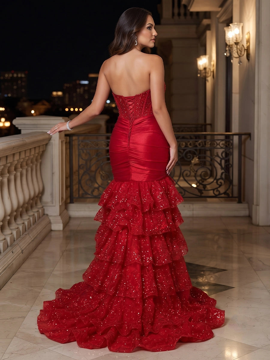 Glamorous Plus Size Mermaid Sweetheart Off-Shoulder Lace-Up Sequin Satin Prom Dress