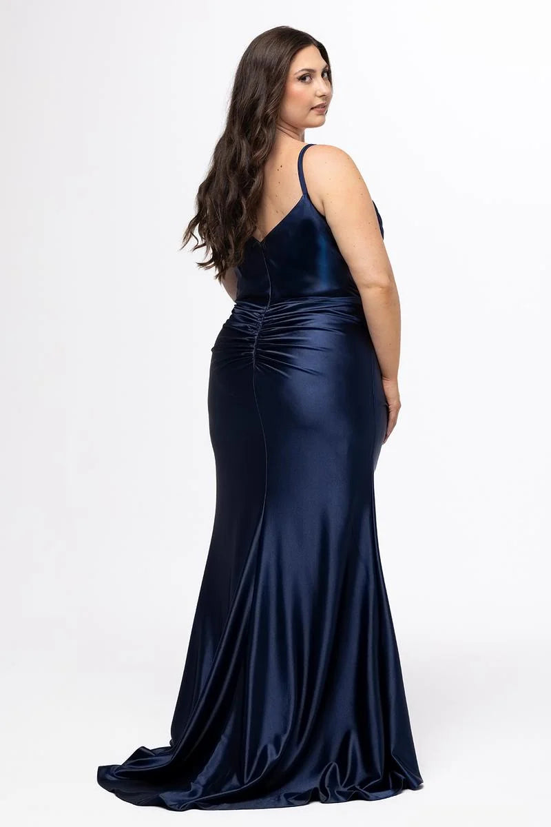 Glamorous Plus Size Mermaid Cowl Neck Spaghetti Strap Satin Prom Dress