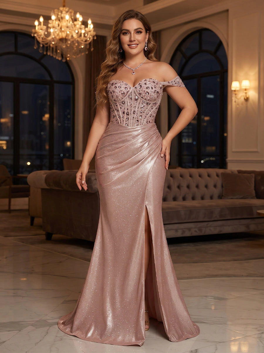 Front view of Loverlm rose gold plus size glitter evening dress with beaded corset bodice, off-shoulder neckline and front slit