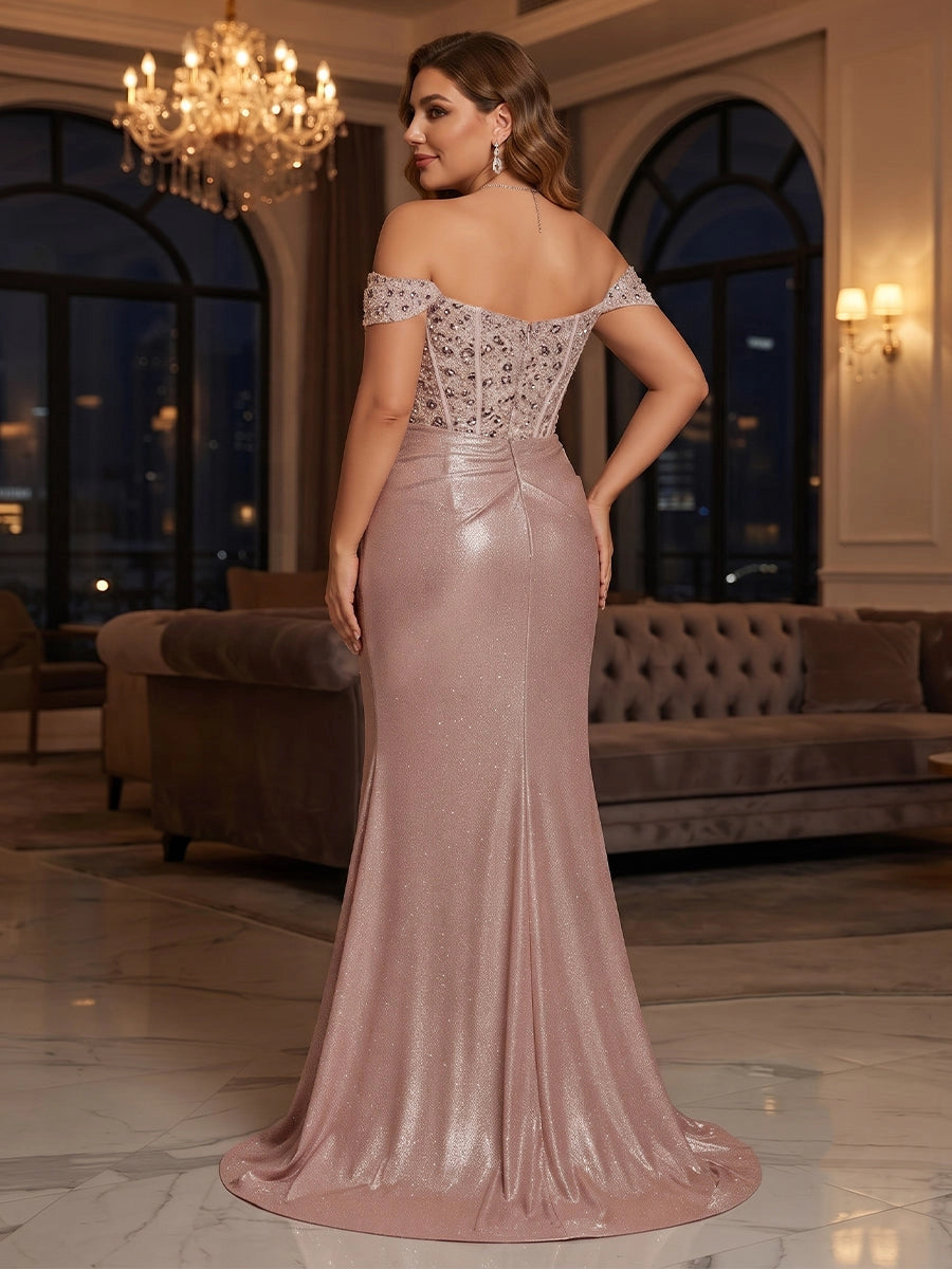 Plus Size Glitter Mermaid Sweetheart Off-Shoulder Beaded Zipper-Back Slit Floor-Length Evening Dress