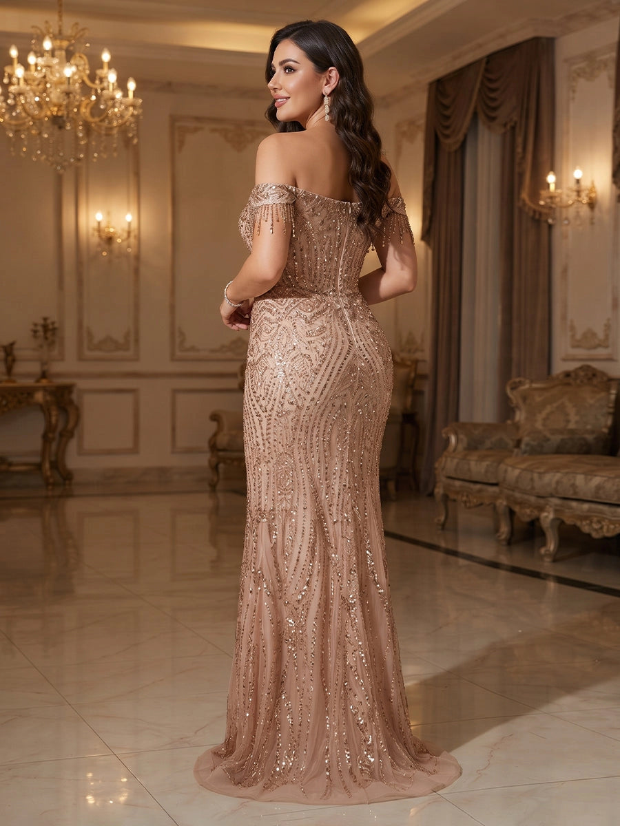 Glamorous Plus Size Mermaid Sweetheart Off-Shoulder Zipper Back Sequin Evening Dress