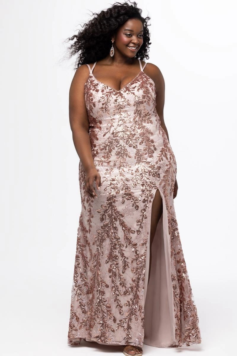 Plus size rose gold sequin prom dress with floral embroidery, V-neckline, spaghetti straps, fitted sheath silhouette, and thigh-high slit