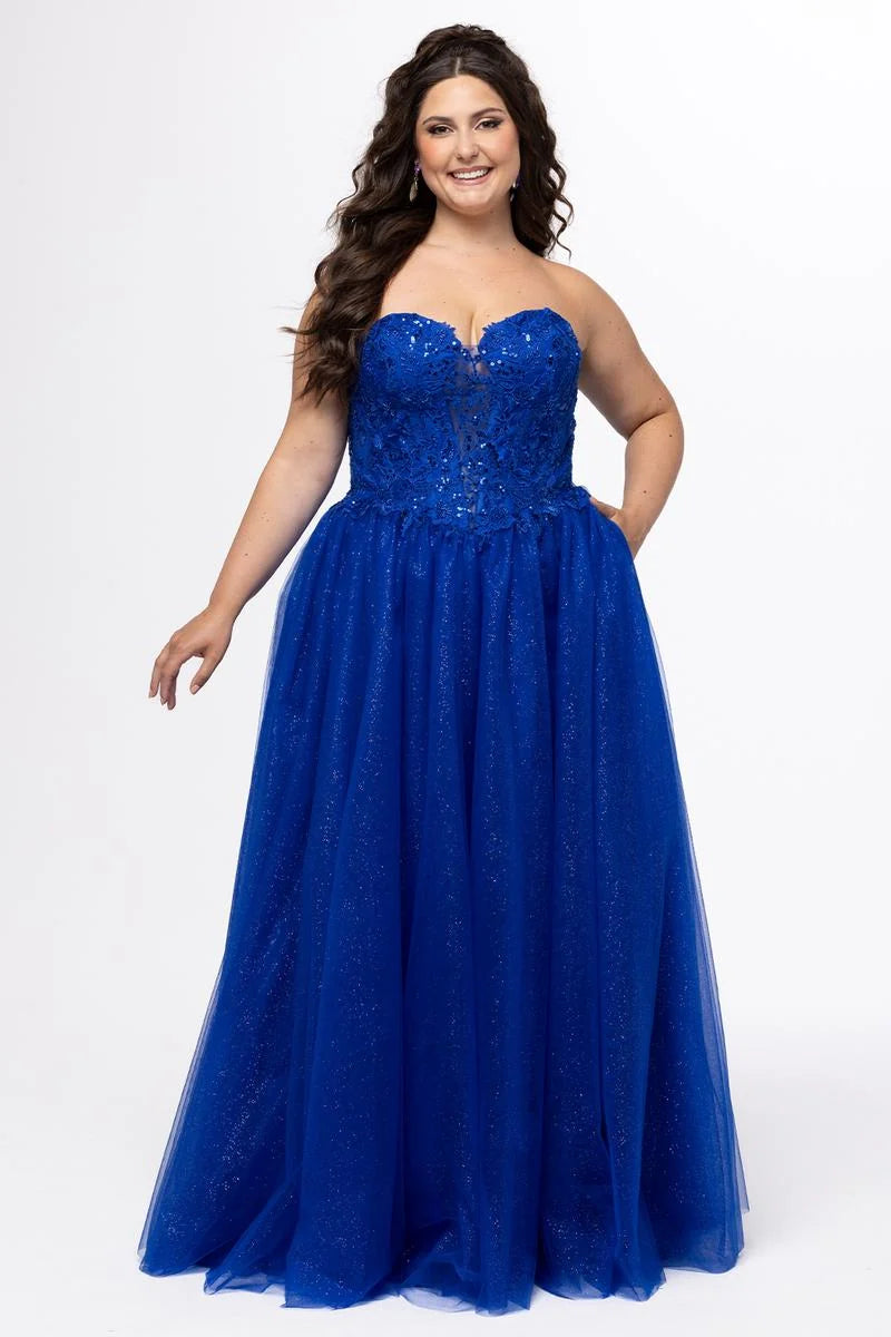 Plus size royal blue glitter tulle A-line prom dress with strapless sweetheart neckline, floral sequin lace corset bodice, lace-up back, and flowing floor-length skirt