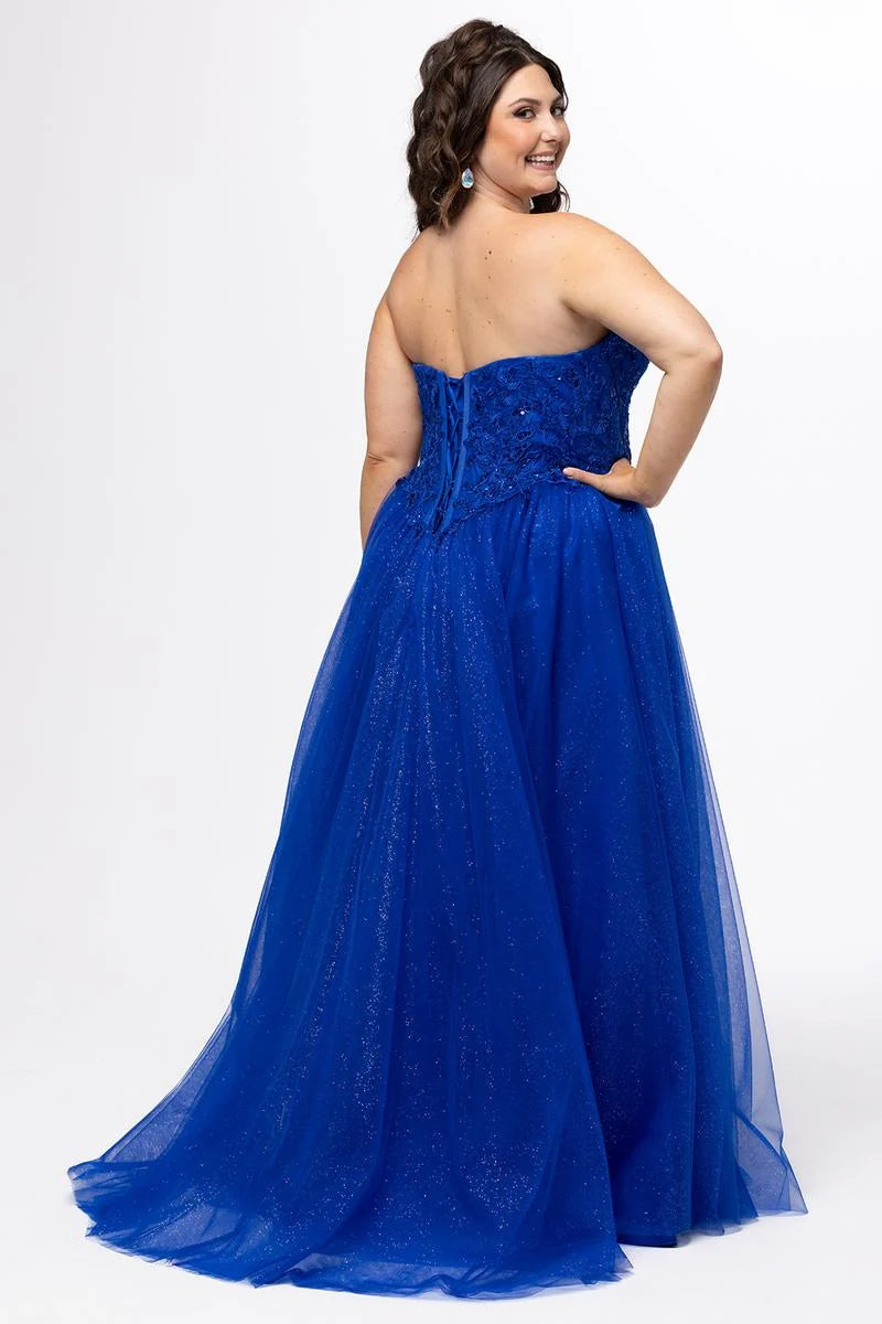Glamorous Plus Size A Line Sweetheart Strapless Glitter Tulle Prom Dress