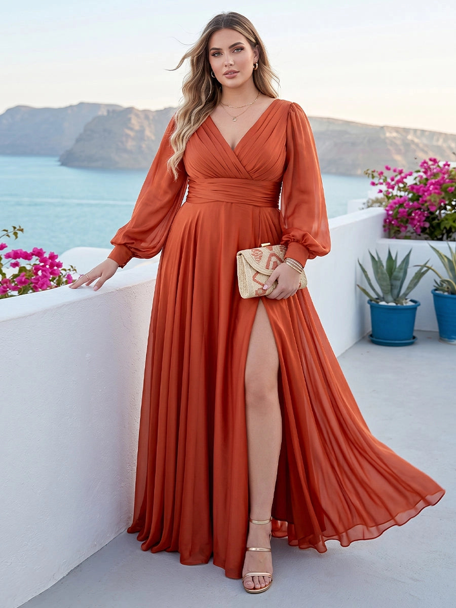 Front view of Loverlm rust orange plus size chiffon evening dress with V-neck, bishop sleeves and thigh-high slit
