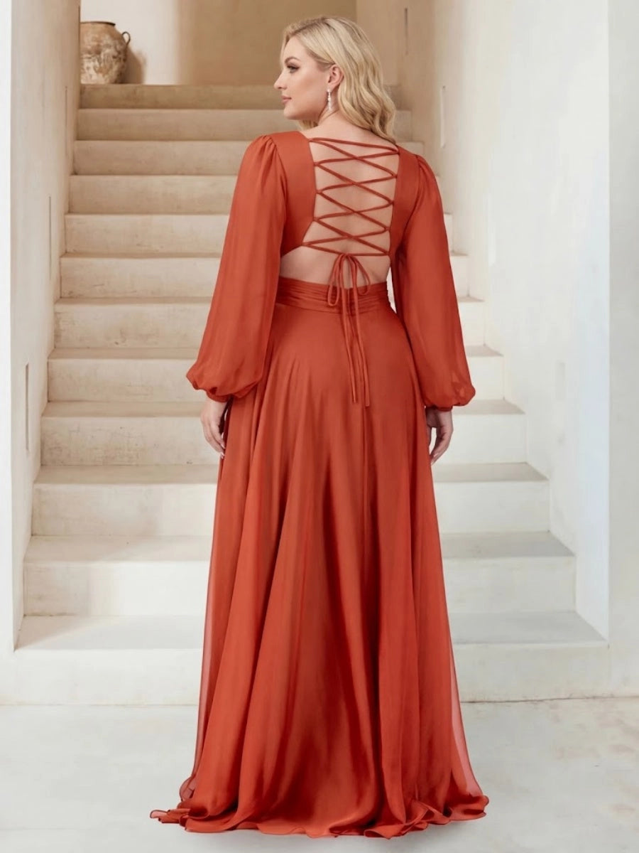 Plus Size Chiffon A-Line V-Neck Long Sleeve Lace-Up Back Split Evening Dress