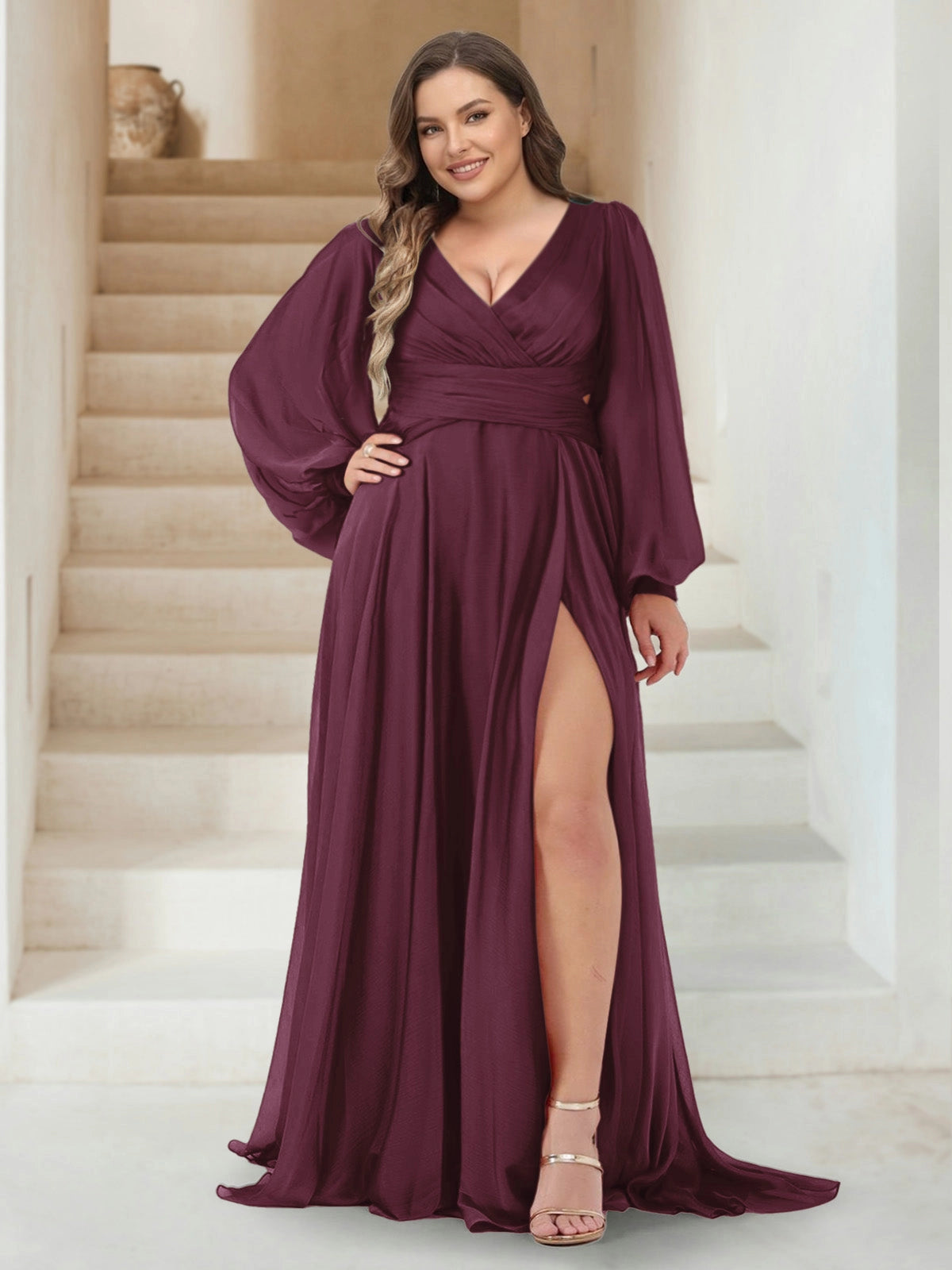 Plus Size Chiffon A-Line V-Neck Long Sleeve Lace-Up Back Split Evening Dress